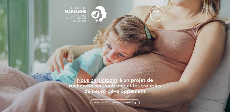 Enfant sur le ventre de sa mère enceinte, campagne portée par la cohorte MARIANNE (TND et environnement de la femme enceinte).