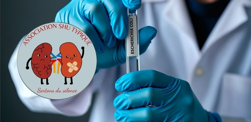 Visuel d'un tube à essai contenant la bactérie Escherichia Coli, à sa gauche le logotype de l'association SHU Typique.