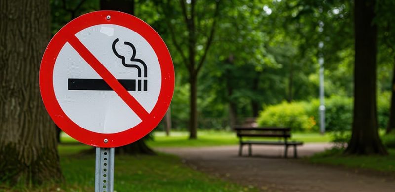 Panneau de signalisation "Interdiction de fumer" dans un parc.
