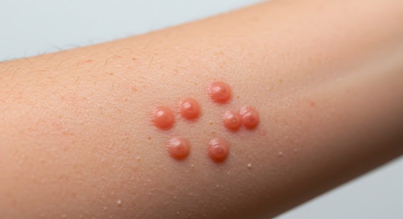 Photographie de papule (lésion de la peau, caractérisée par une petite saillie ferme) de molluscum contagiosum sur le bras d'un enfant.