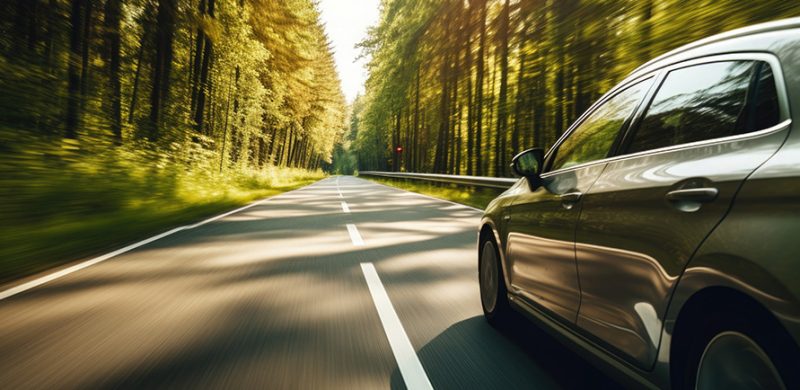 Photographie d'une voiture roulant sur une route en forêt en mouvement.