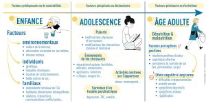 Schéma représentant les différents facteurs à travers le développement d'une personne résultant à des troubles des conduites alimentaires (boulimie, anoréxie mentale, etc.).
